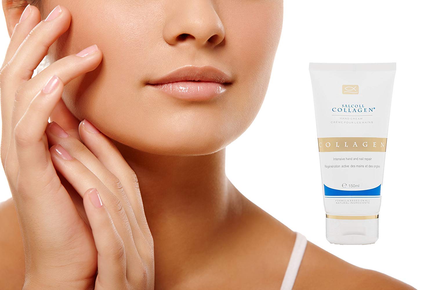 Spa-like moment: Salcoll Collagen hand cream with soothing aroma on desk.