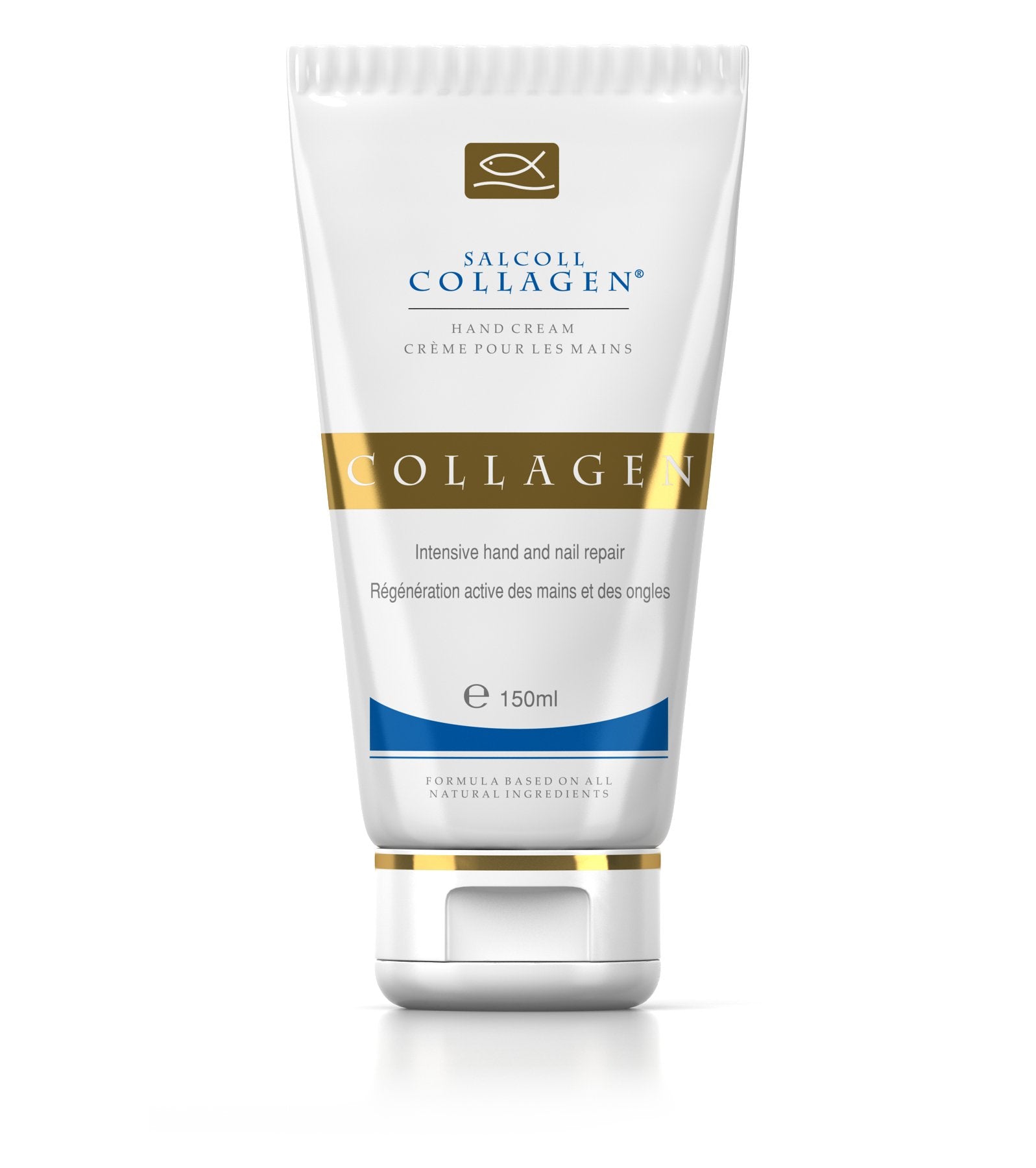 Salcoll Collagen hand cream bottle showcases anti-aging hydration for daily hands.