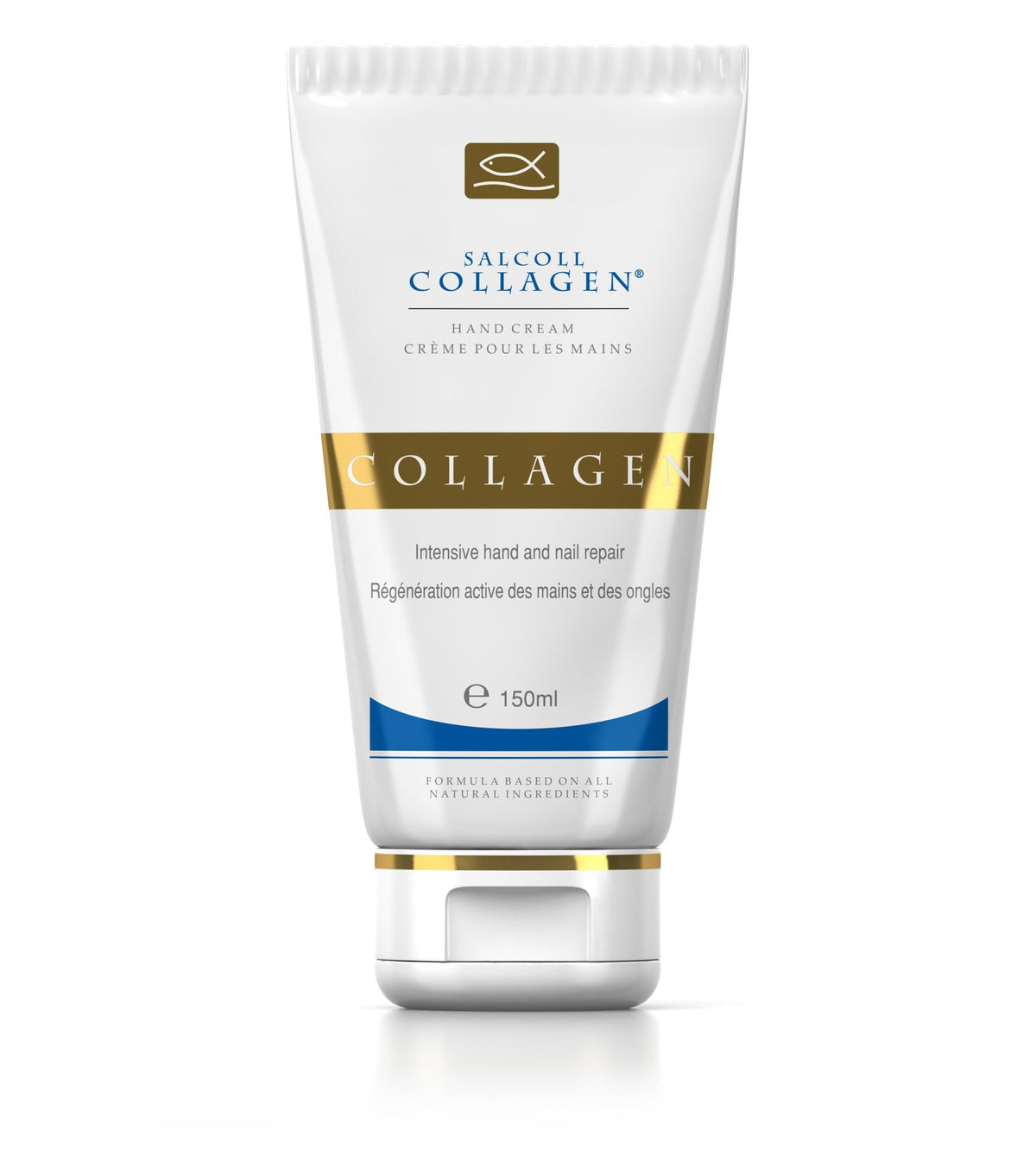 Salcoll Collagen hand cream bottle showcases anti-aging hydration for daily hands.