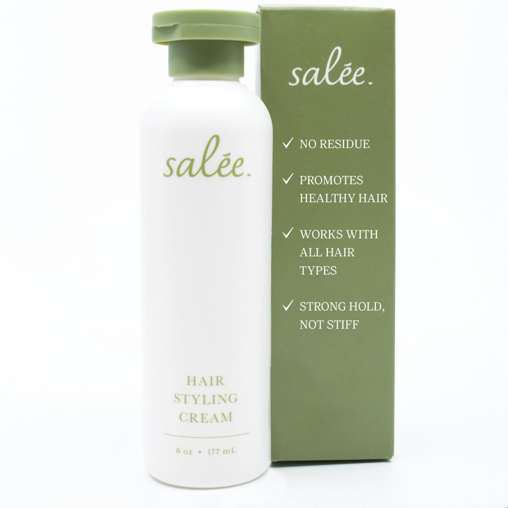 Salee Hair Styling Cream bottle pour shows frizz control in action.