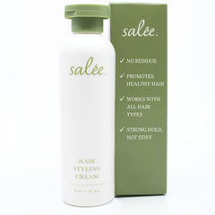 Salee Hair Styling Cream bottle pour shows frizz control in action.