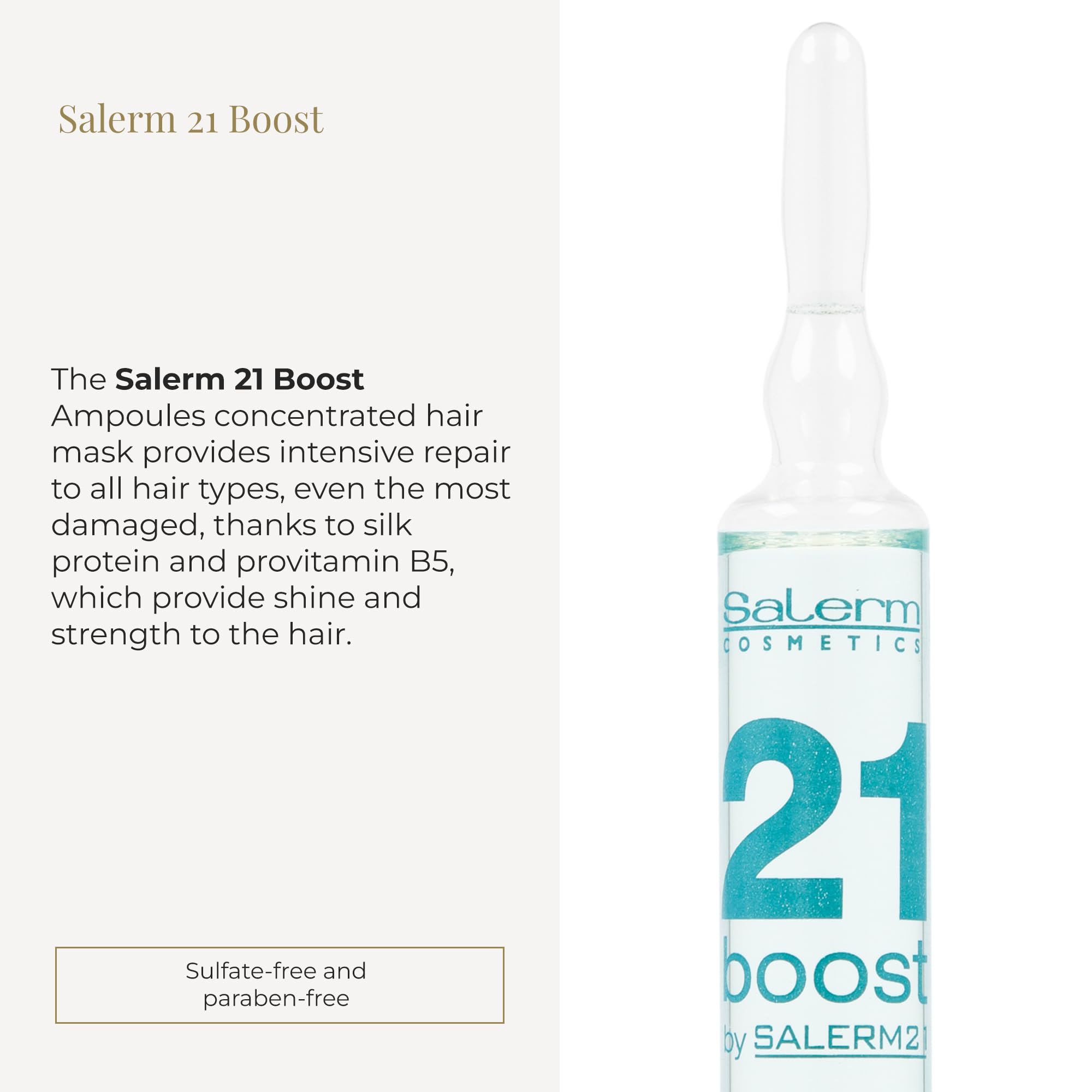 SALERM 21 Boost ampoules close-up highlighting silk protein hydration for stronger hair.