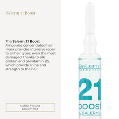 SALERM 21 Boost ampoules close-up highlighting silk protein hydration for stronger hair.
