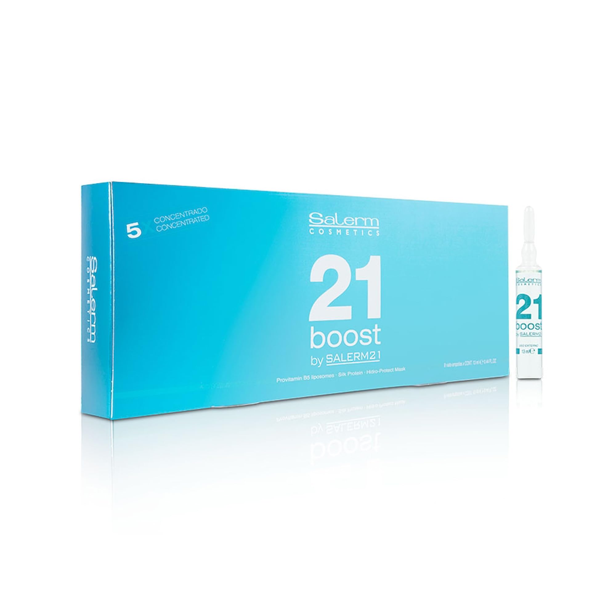 SALERM 21 Boost ampoules pack showing eight vials for targeted weekly repair.