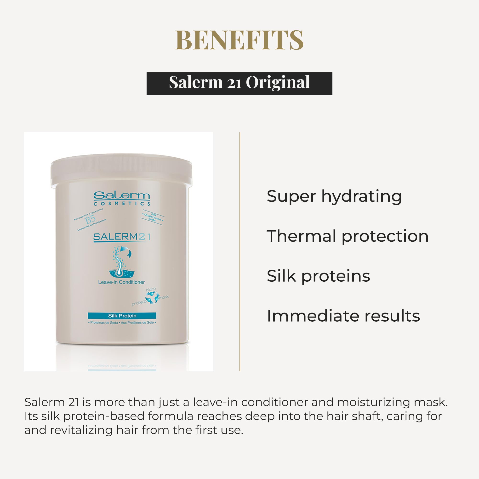 SALERM 21 hair detangling action highlights effortless comb-through and reduced snagging.