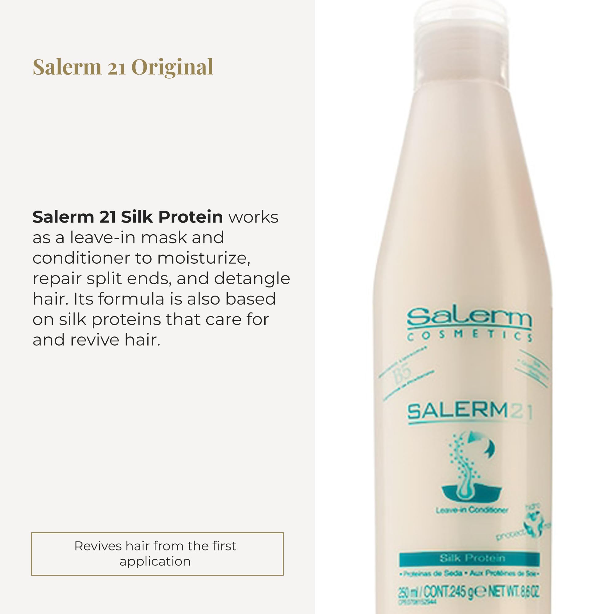 SALERM 21 leave-in on damp hair demonstrates quick hydration and detangling.