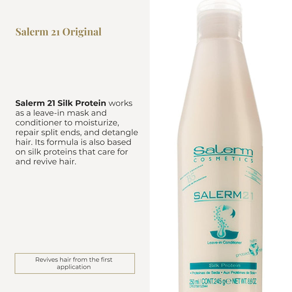 SALERM 21 leave-in on damp hair demonstrates quick hydration and detangling.