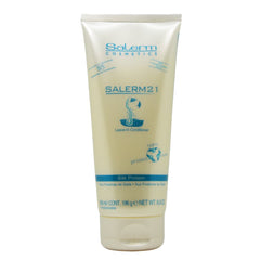 Salerm 21 Leave-In Conditioner tube demonstrates hydrating formula for silky, manageable hair.