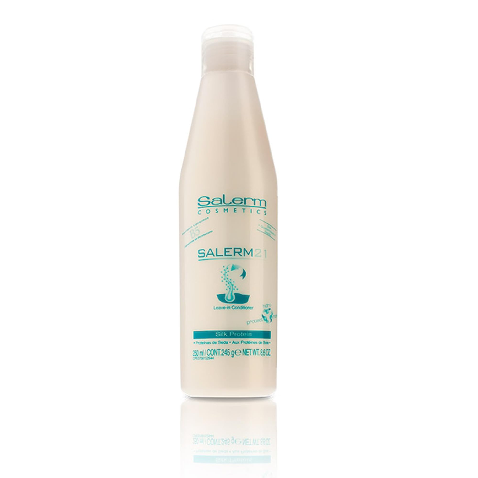 SALERM 21 Silk Protein bottle closeup demonstrates hydrating silk infusion for shine.