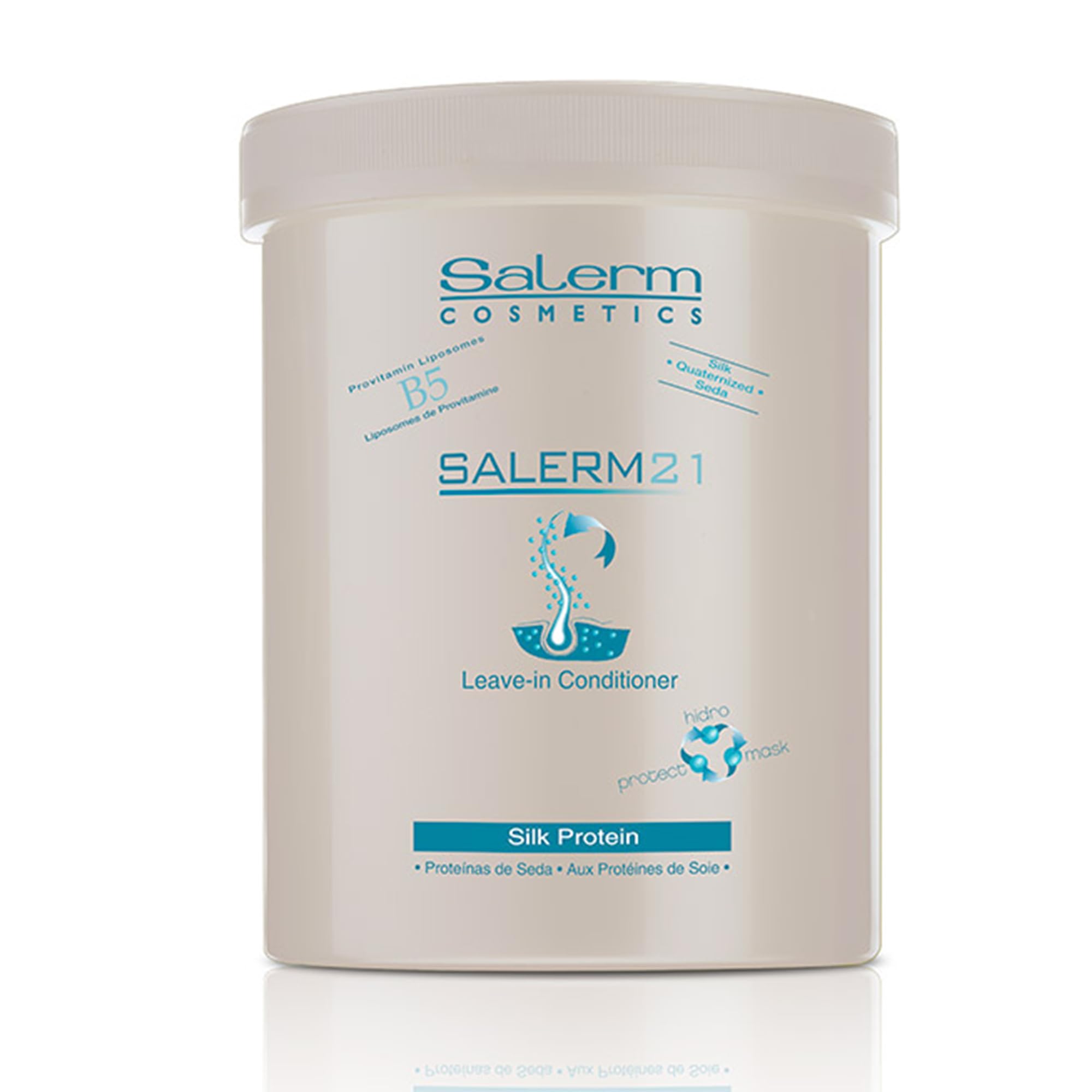 SALERM 21 Silk Protein bottle showing hydration and shine for smoother, detangled hair.