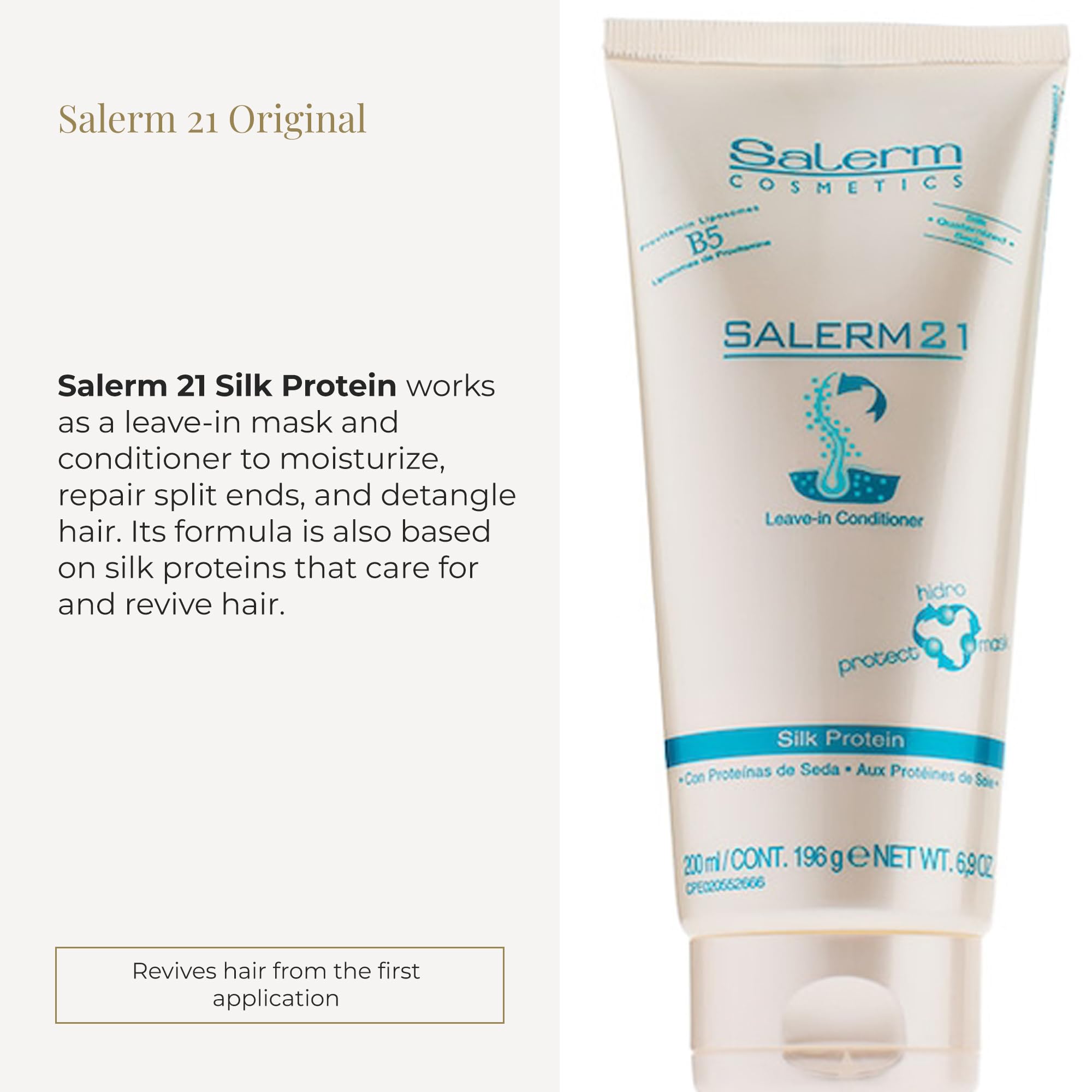 SALERM 21 Silk Protein application on damp hair demonstrating detangling and moisture.