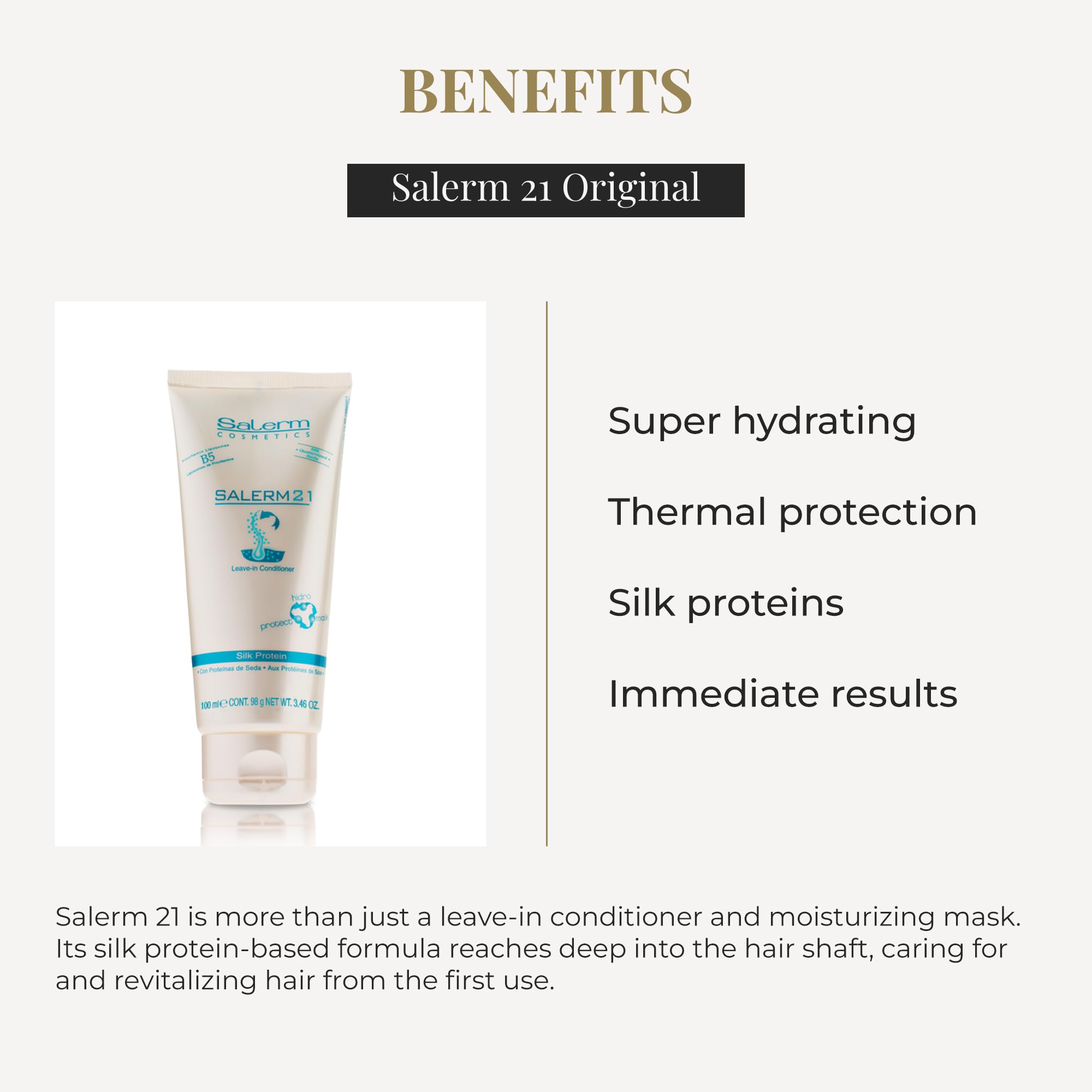 SALERM 21 Silk Protein hair gloss after use suggesting shine and manageability