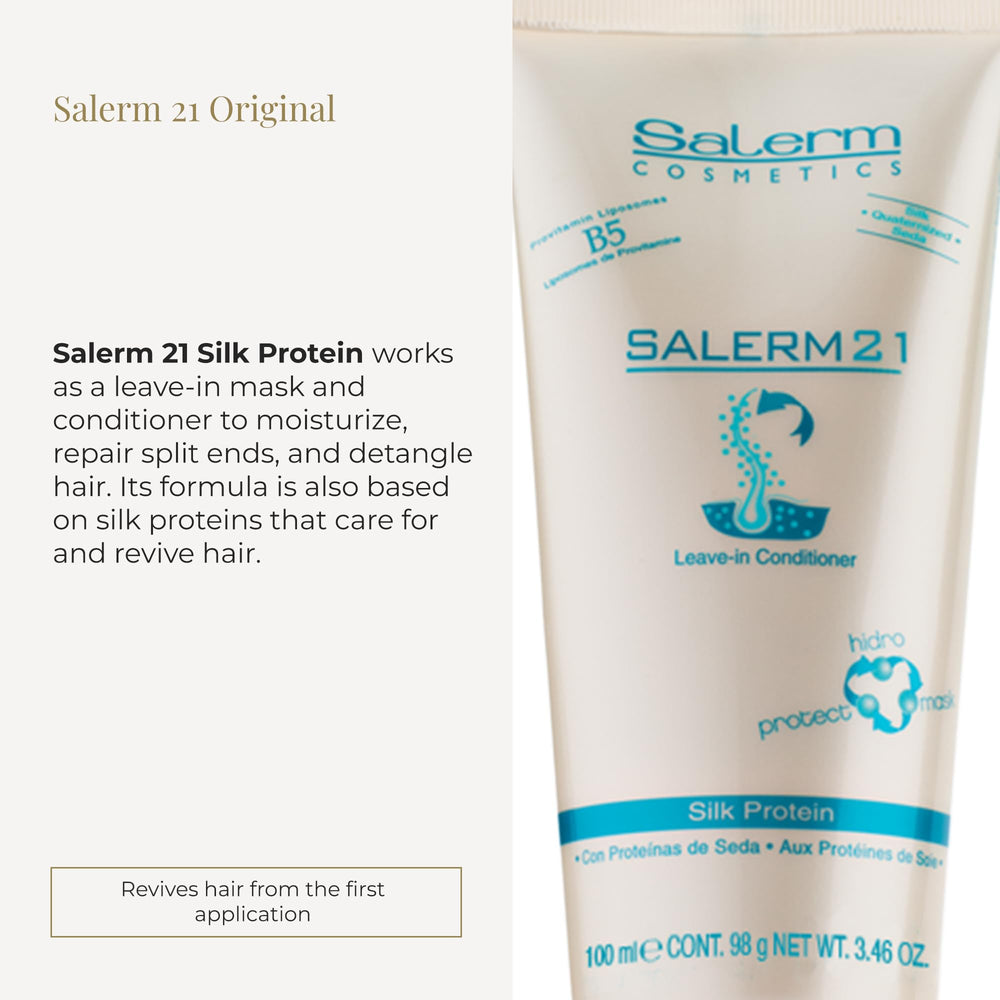 SALERM 21 Silk Protein leave-in application showing instant moisture and smoothness