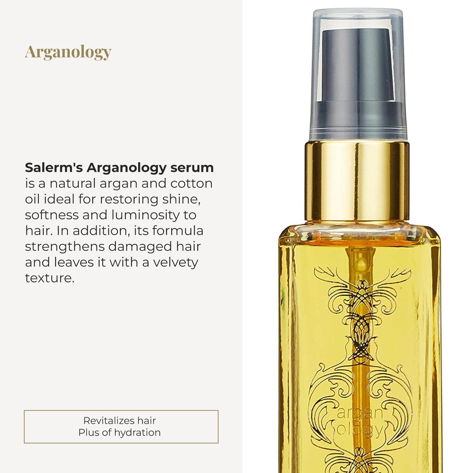 SALERM Arganology serum applied to mid-lengths showing hydration and shine.