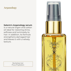 SALERM Arganology serum applied to mid-lengths showing hydration and shine.