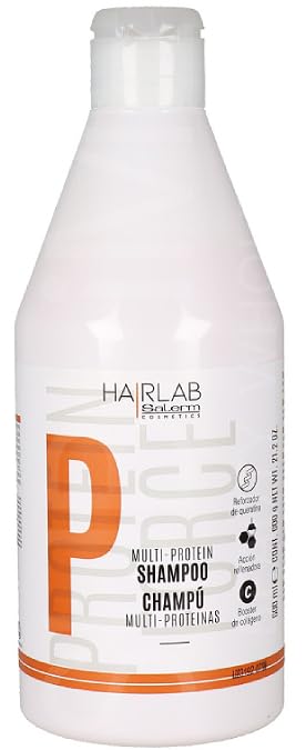 Salerm Hairlab Shampoo closeup highlights keratin-rich formula for strengthened strands.