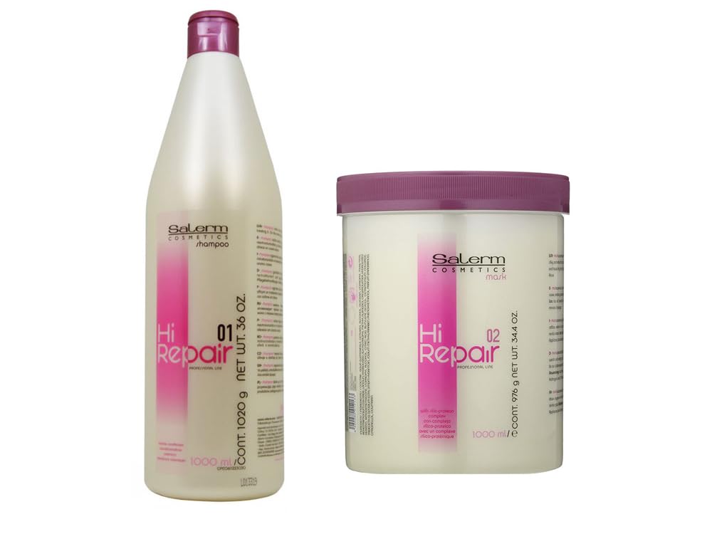 Salerm Hi Repair Shampoo and Mask Combo Set bottle shown for damaged hair repair and improved manageability.