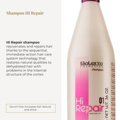 SALERM Hi Repair Shampoo bottle closeup shows silicone-protein repair for stronger hair fibers