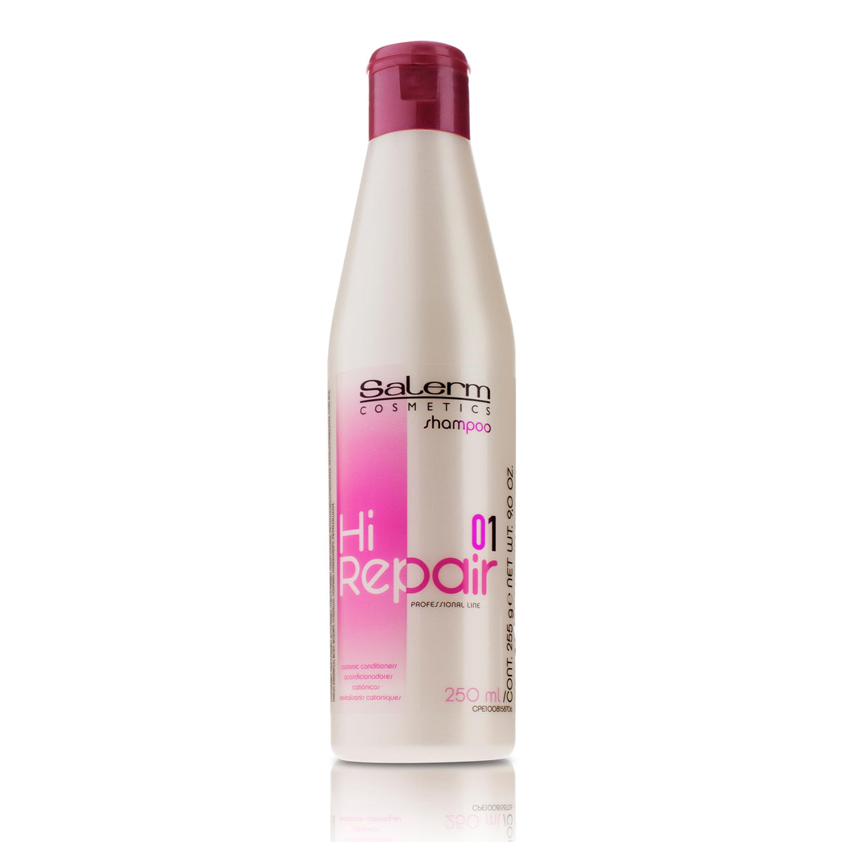 SALERM Hi Repair Shampoo bottle-front showcases premium design for deep hydration and damage repair