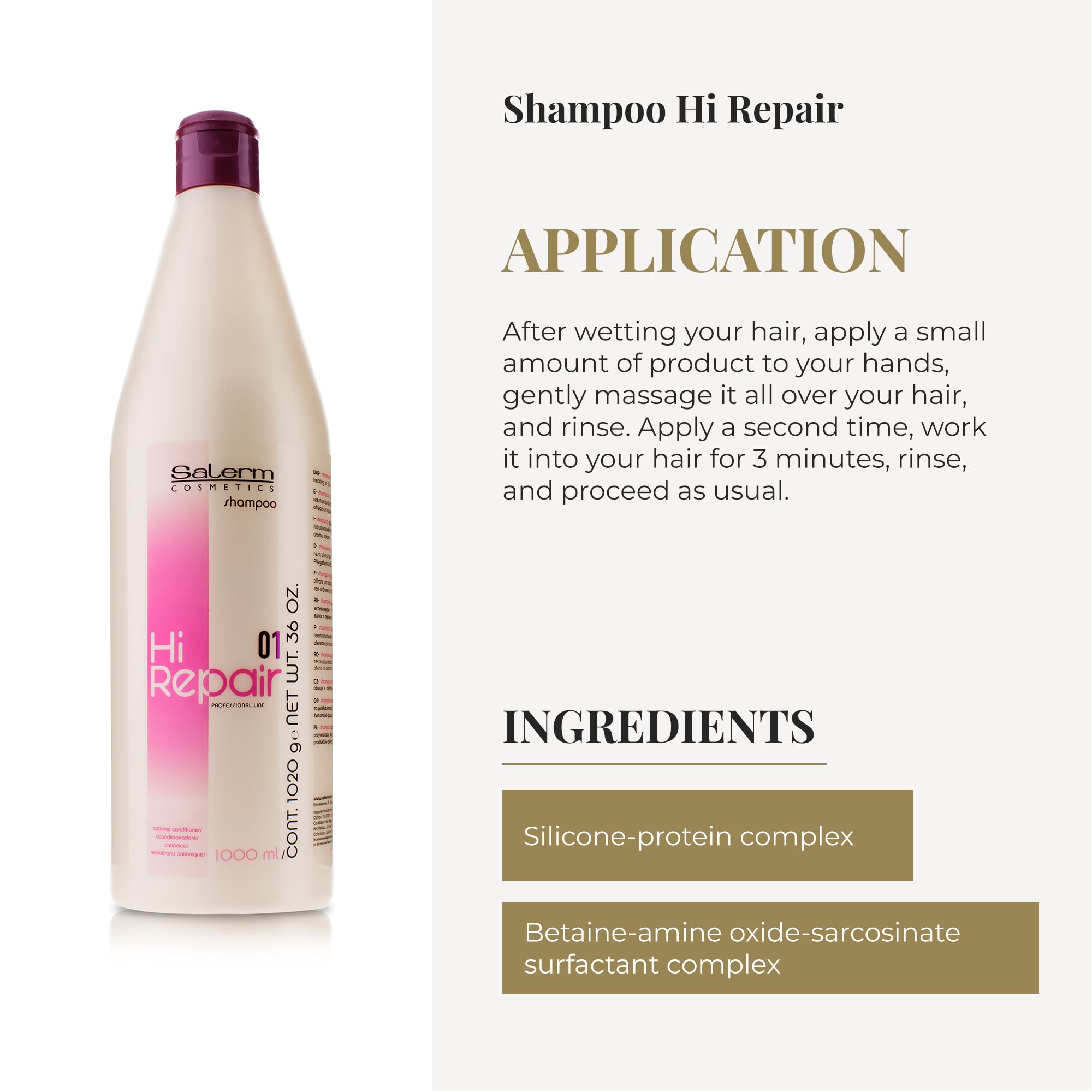 SALERM Hi Repair Shampoo damaged hair fiber repair visual suggests revitalized, more resilient strands