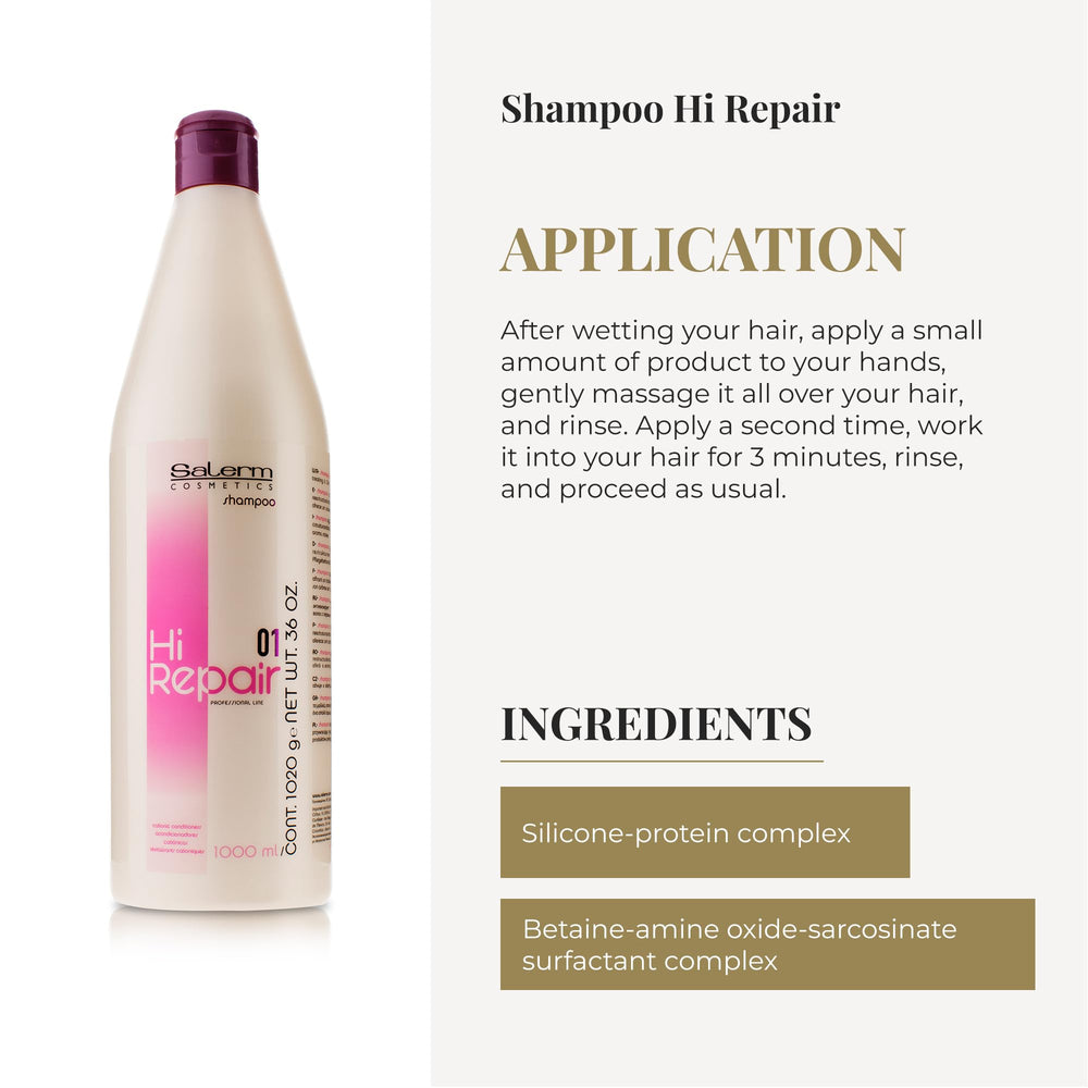 SALERM Hi Repair Shampoo damaged hair fiber repair visual suggests revitalized, more resilient strands