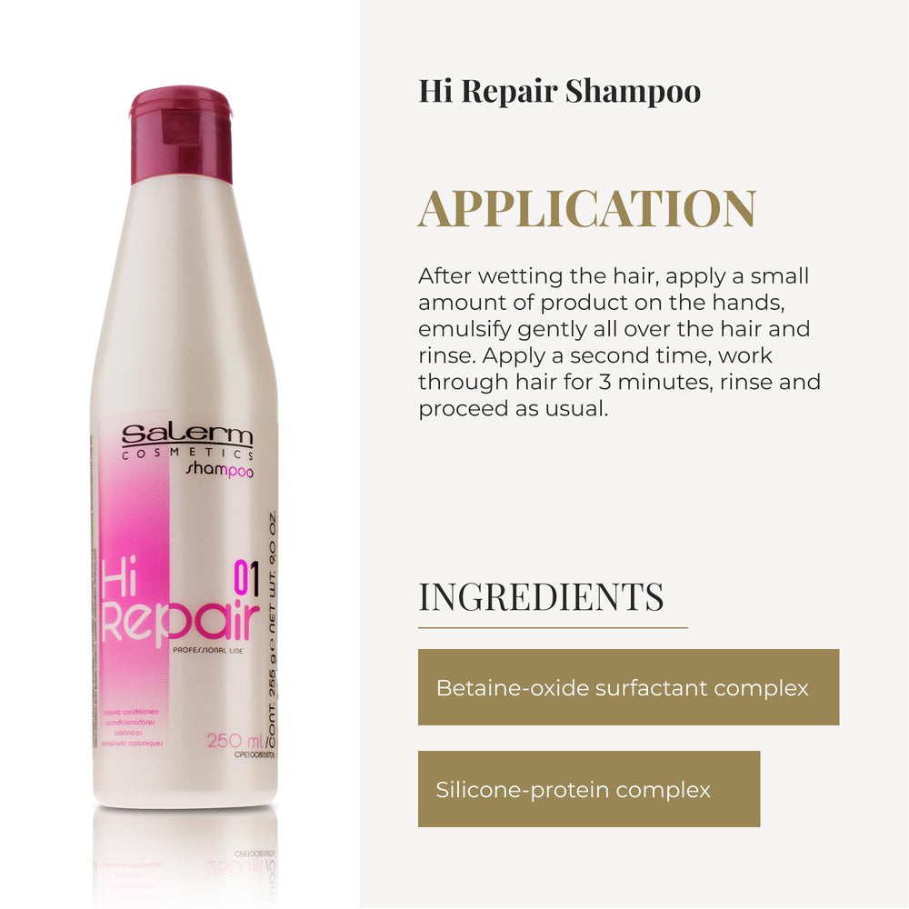 SALERM Hi Repair Shampoo packaging highlights a portable 250 ml bottle