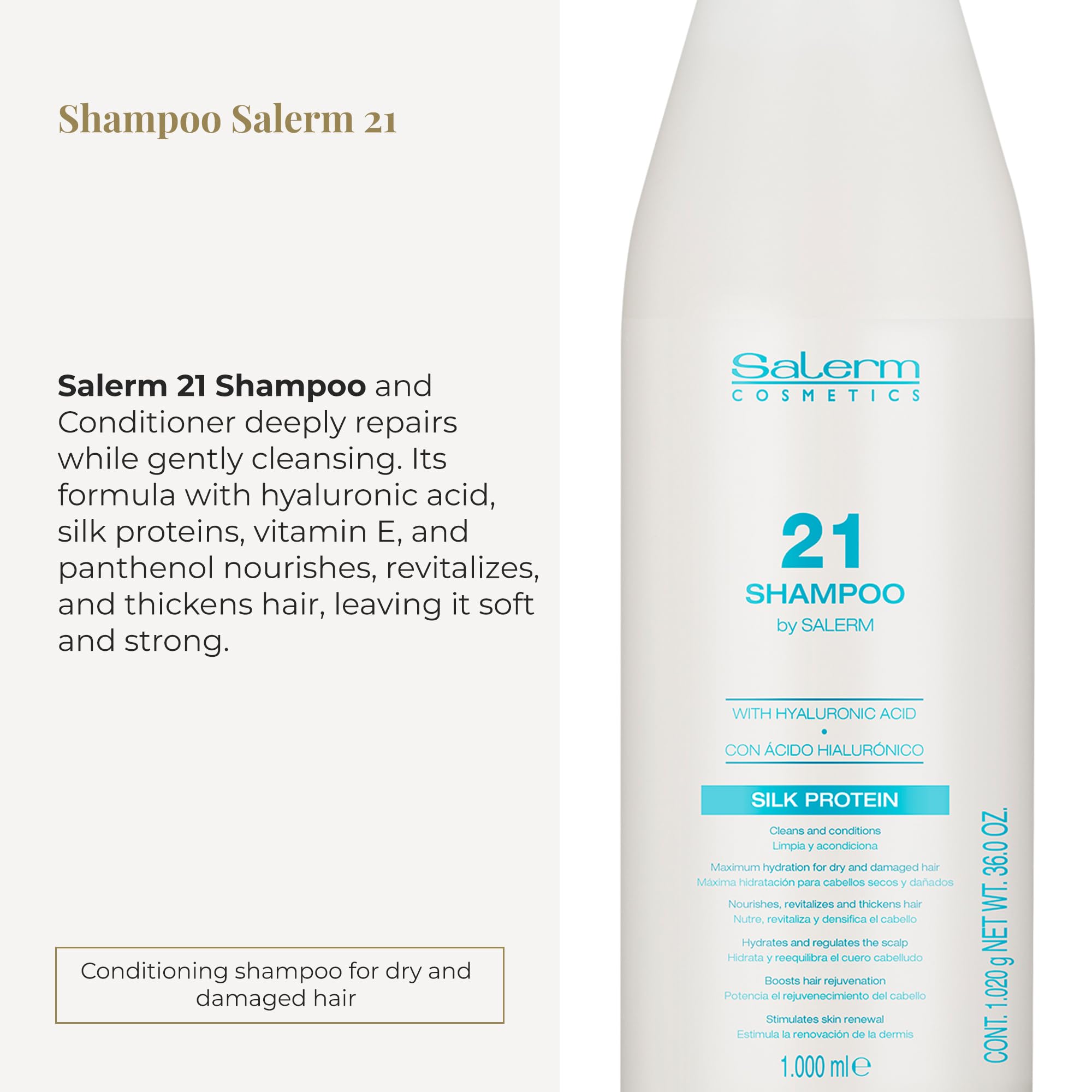 SALERM 21 Silk Protein pour shows smooth application for nourishing treatment.