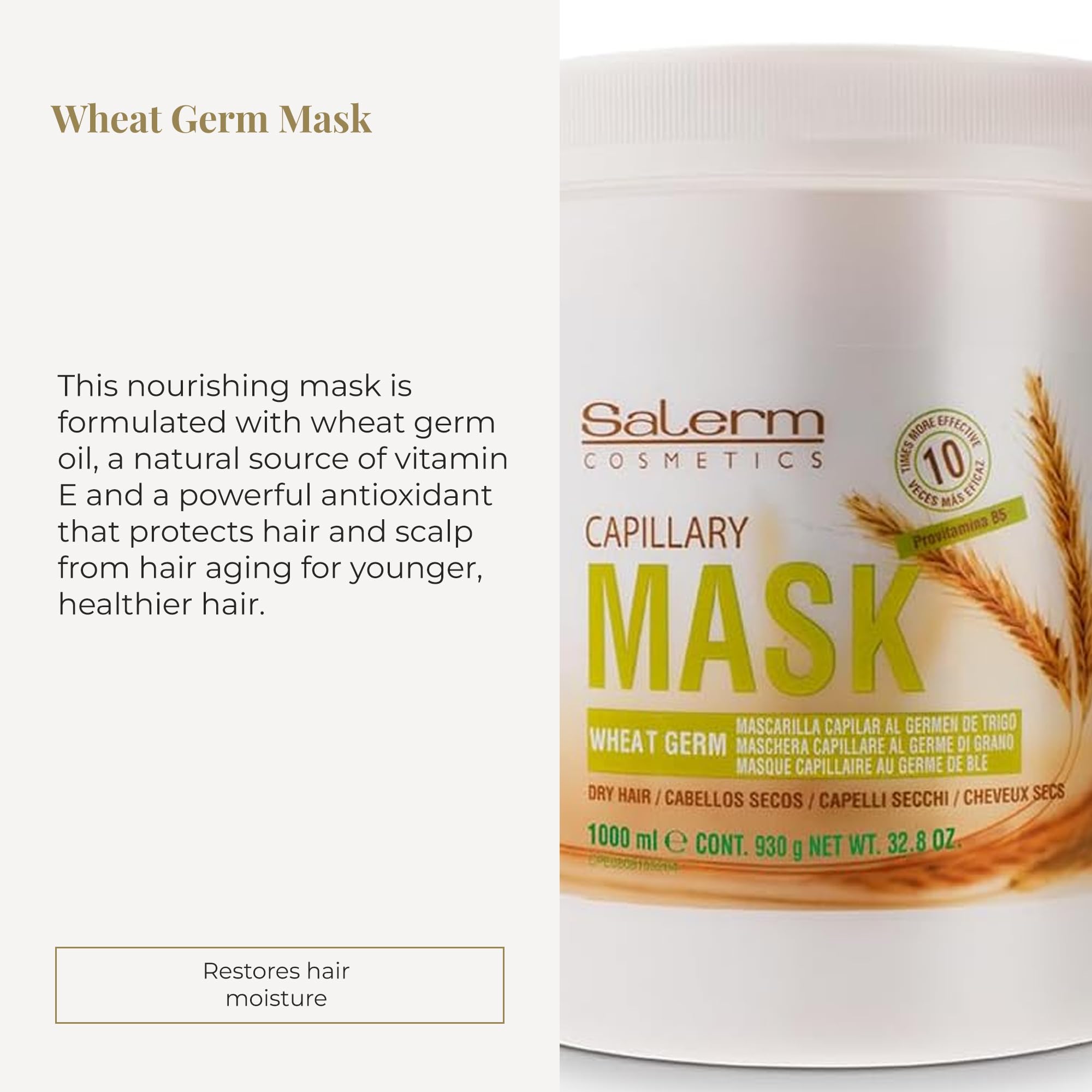 Close-up of SALERM wheat germ oil in mask highlighting antioxidant protection.