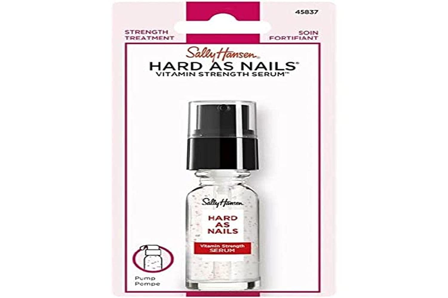 Sally Hansen Hard As Nails Serum bottle shows vitamin-powered conditioning for nails.