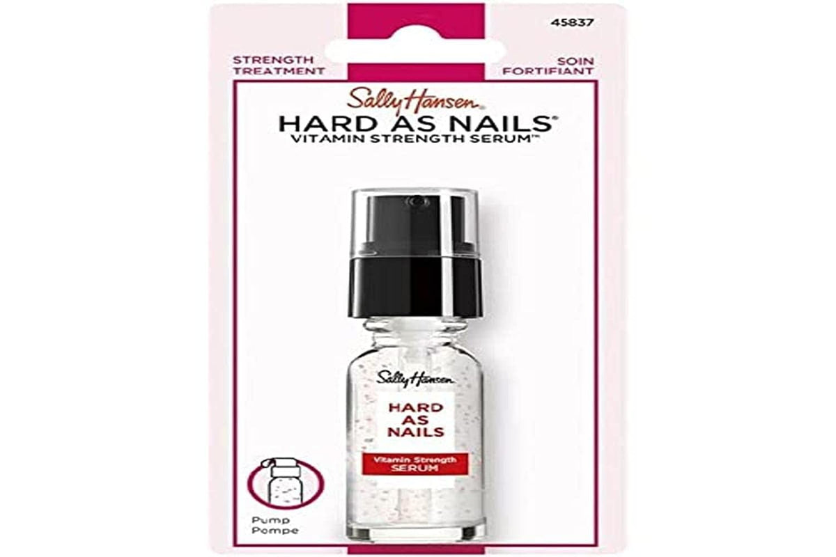 Sally Hansen Hard As Nails Serum bottle shows vitamin-powered conditioning for nails.