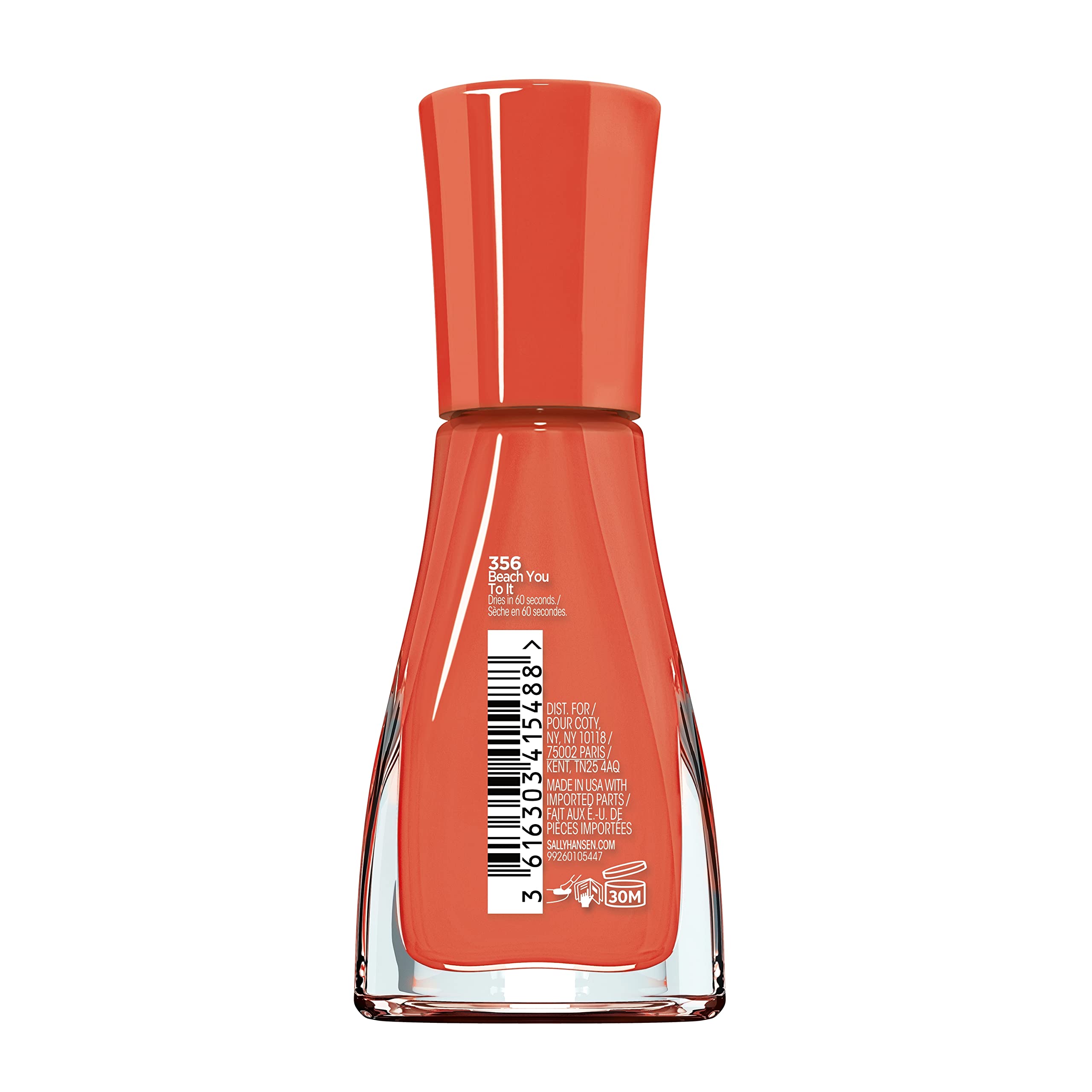 Sally Hansen Insta-Dri bright apricot bottle highlights opaque coverage for bold nails.