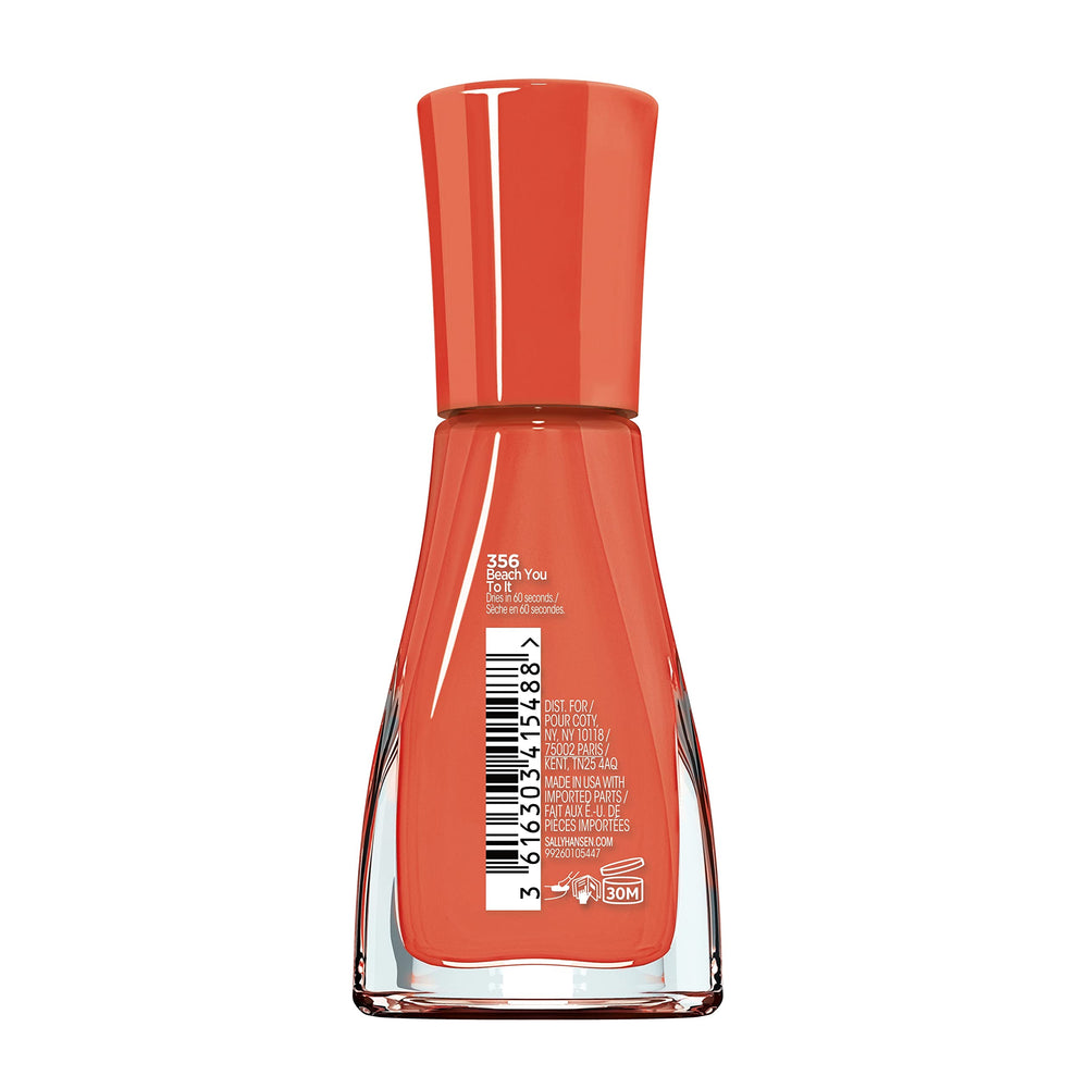 Sally Hansen Insta-Dri bright apricot bottle highlights opaque coverage for bold nails.