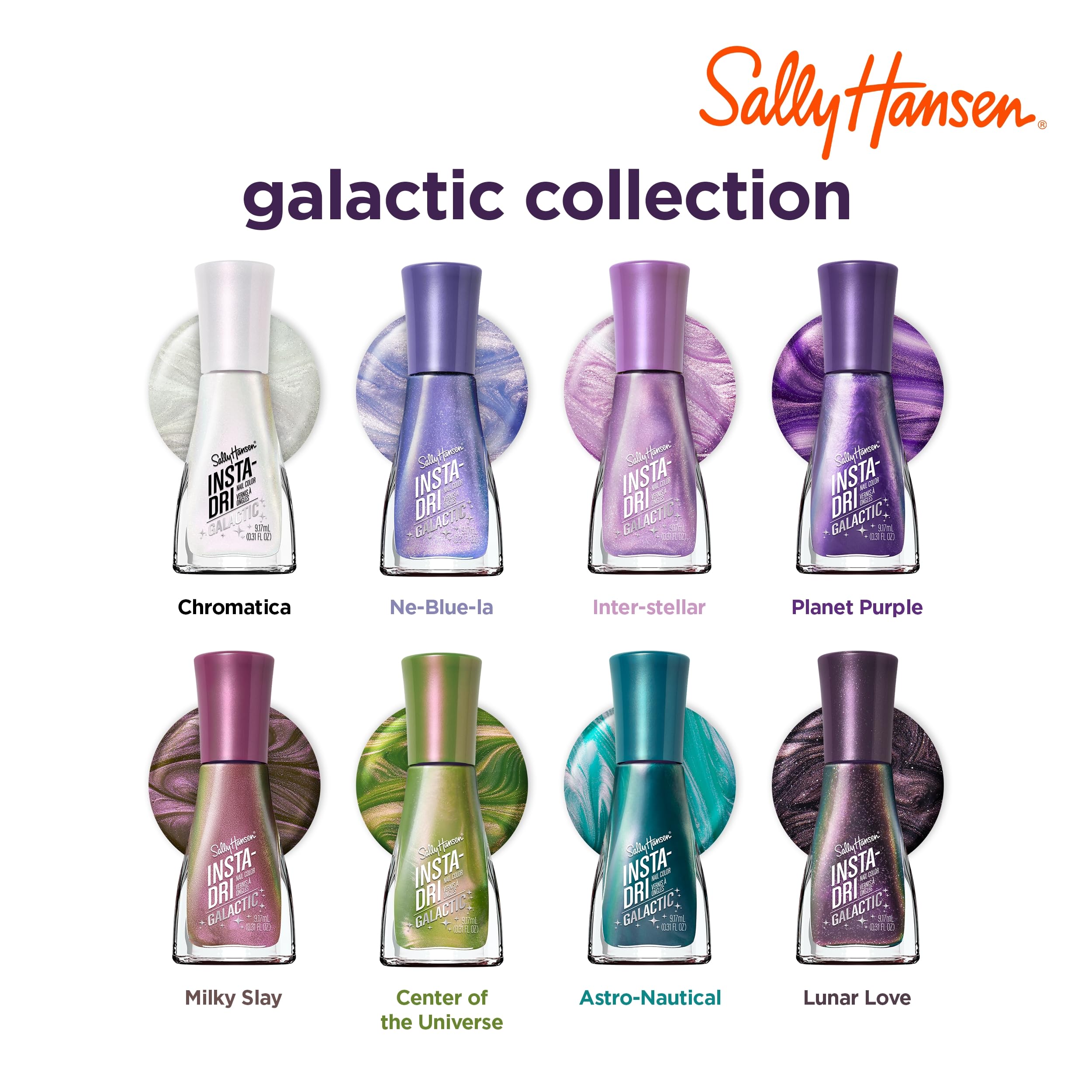 Sally Hansen Insta-Dri Galactic packaging and display emphasizing 3-in-1 convenience.