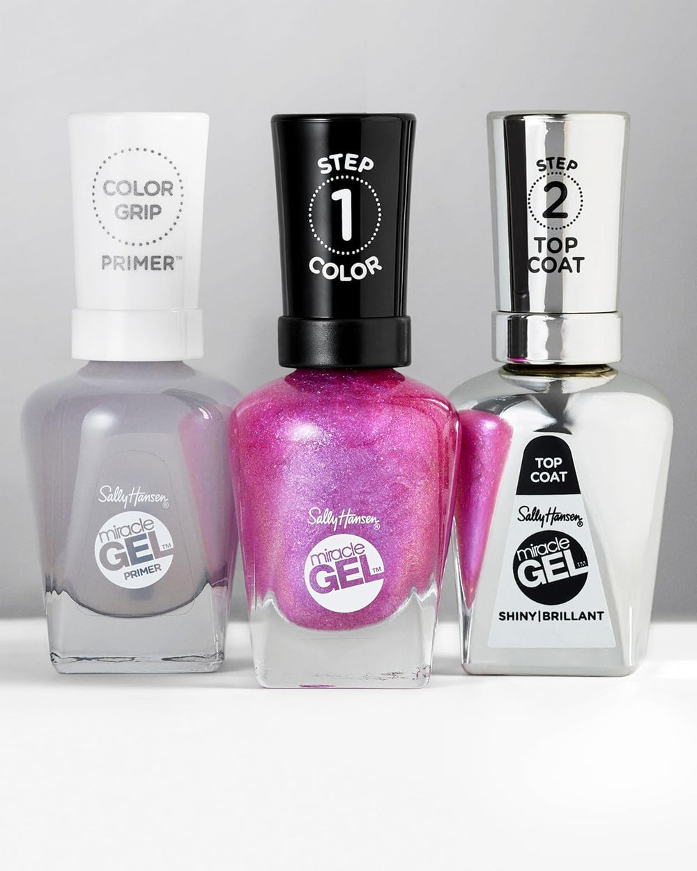 Sally Hansen Miracle Gel two-step process illustration demonstrates color plus top coat