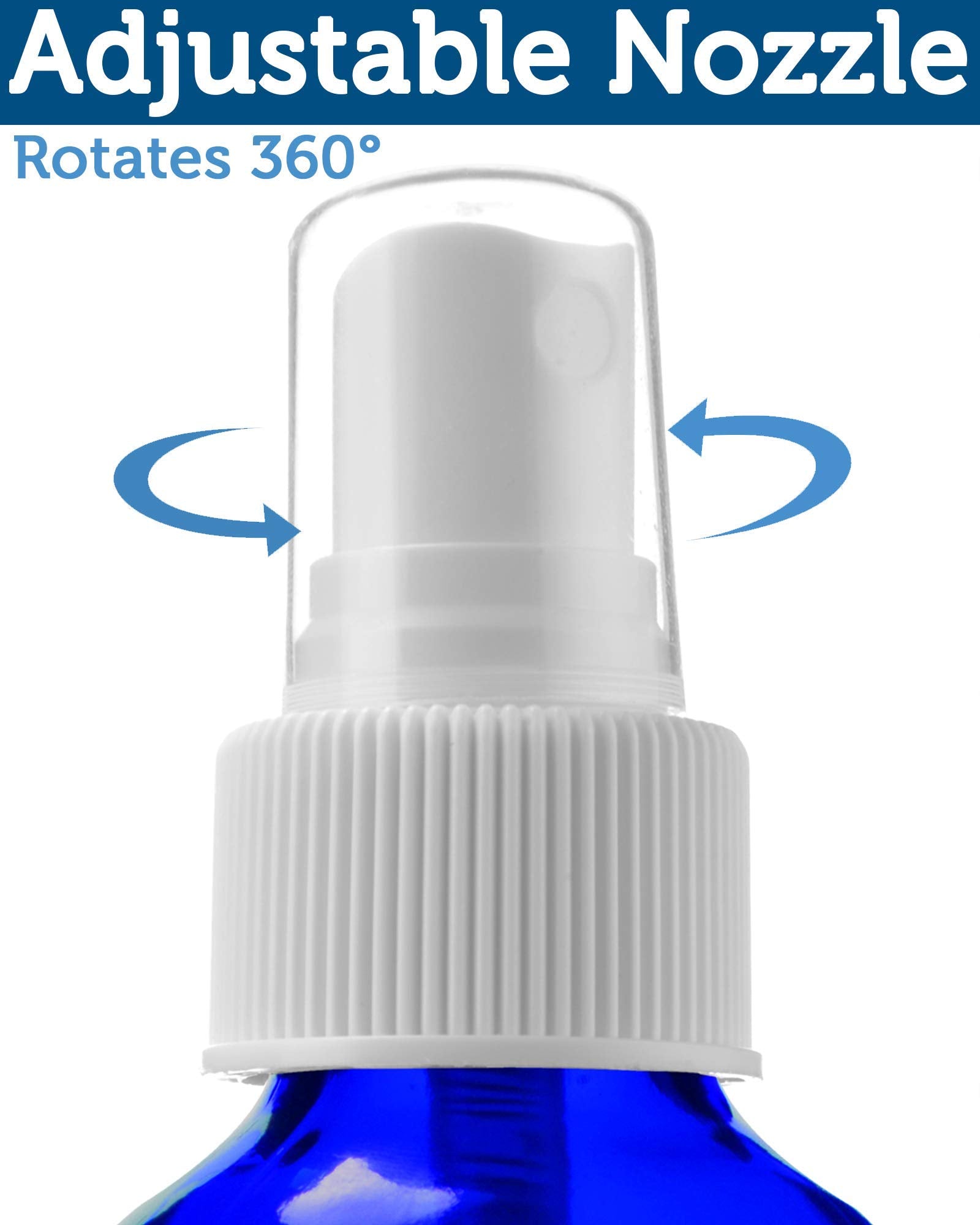 Sally's Organics atomizer cap close-up on blue glass showing secure cap for travel-friendly use