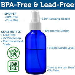 Sally's Organics blue glass bottle angled mist demonstrates even spray for essential oils