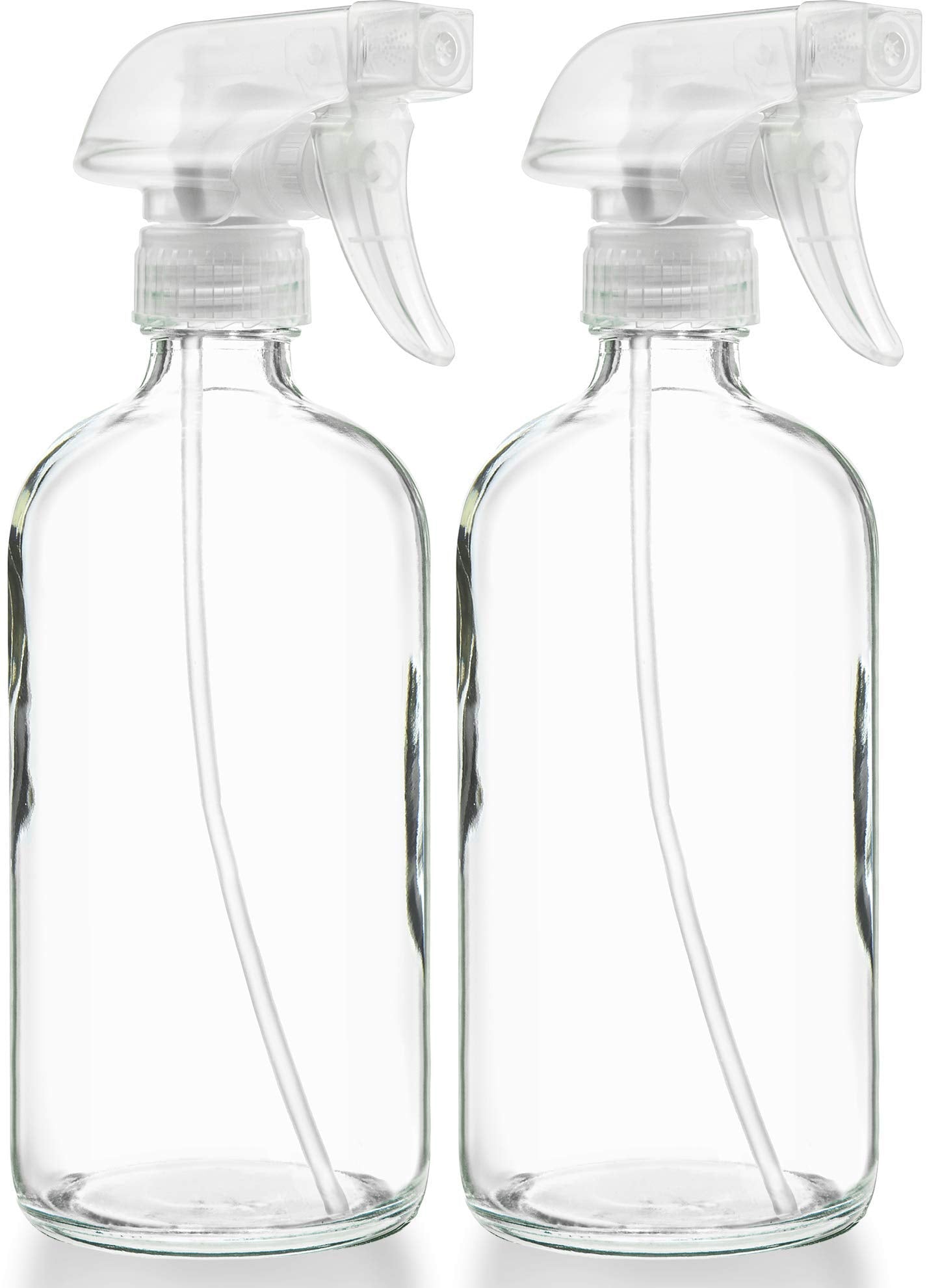 Sally's Organics glass spray bottle front view showing a clean 16-ounce refillable design for DIY cleaners