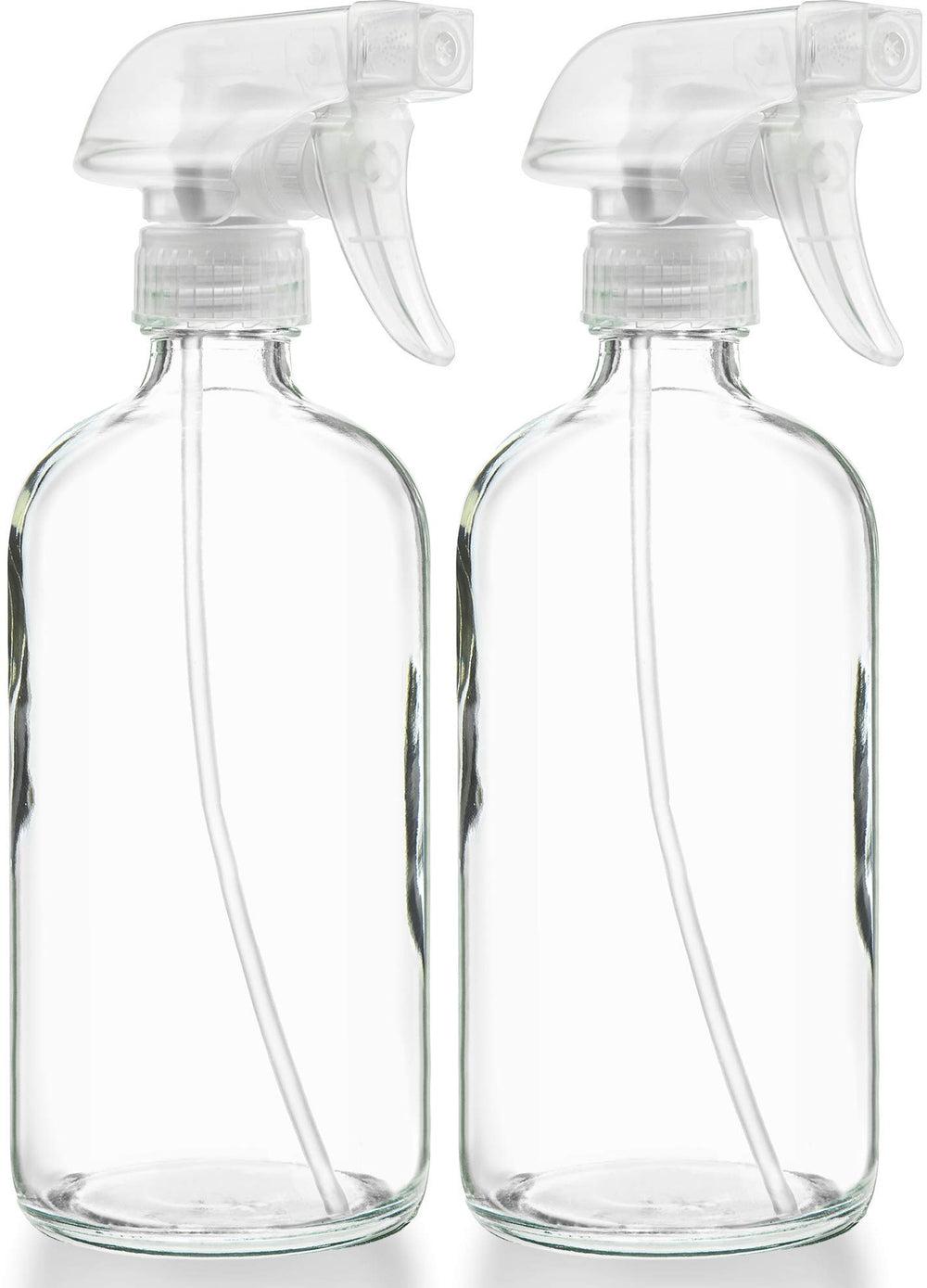 Sally's Organics glass spray bottle front view showing a clean 16-ounce refillable design for DIY cleaners