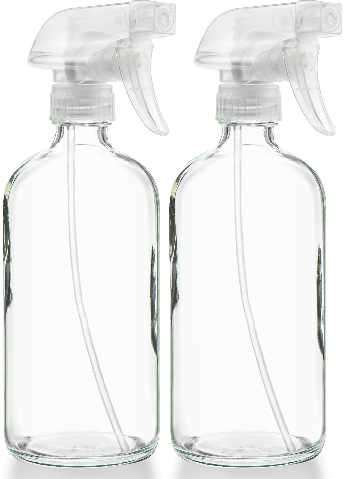 Sally's Organics glass spray bottle front view showing a clean 16-ounce refillable design for DIY cleaners