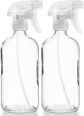 Sally's Organics glass spray bottle front view showing a clean 16-ounce refillable design for DIY cleaners
