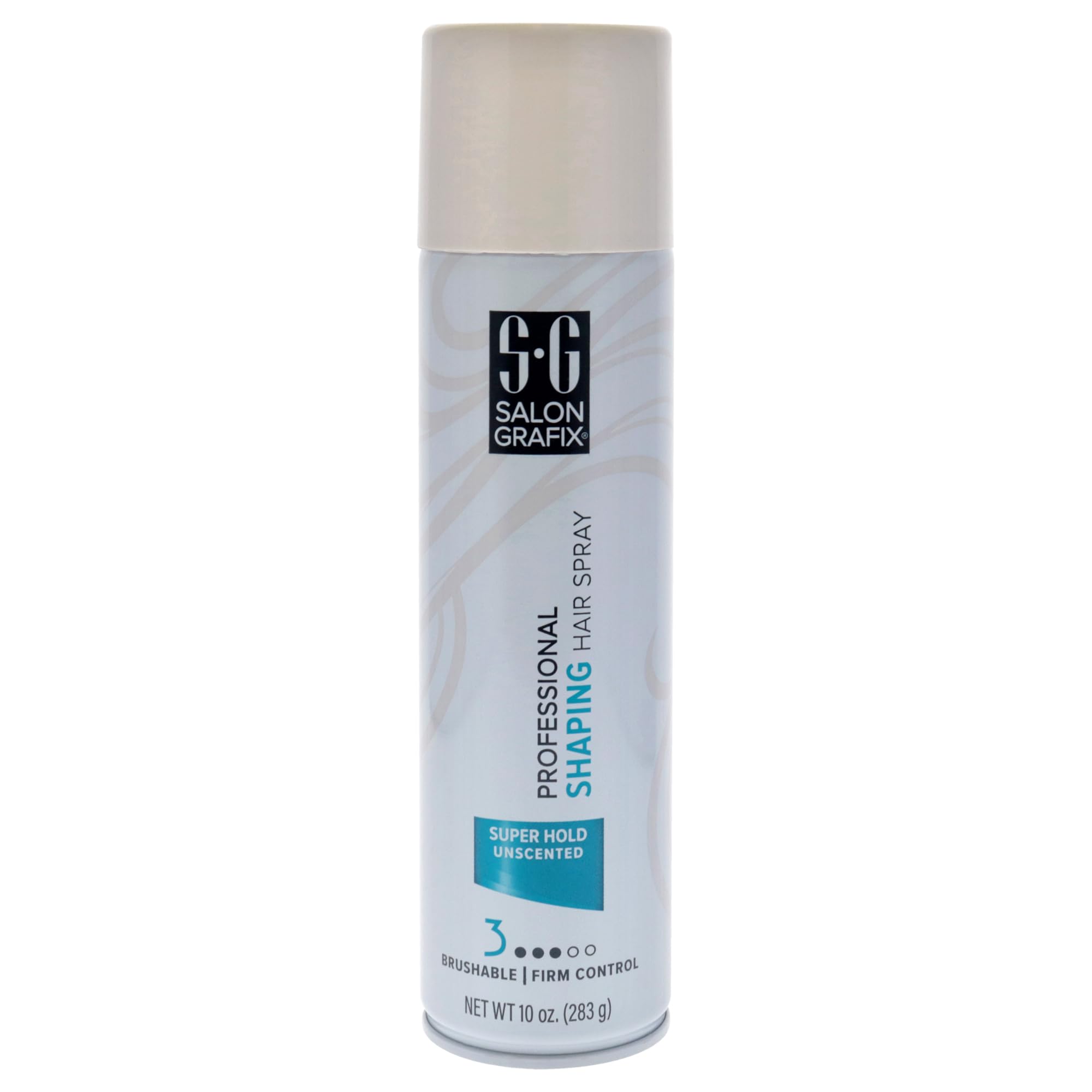 Salon Grafix Shaping Hair Spray Super Hold bottle close-up showing unscented, versatile styling