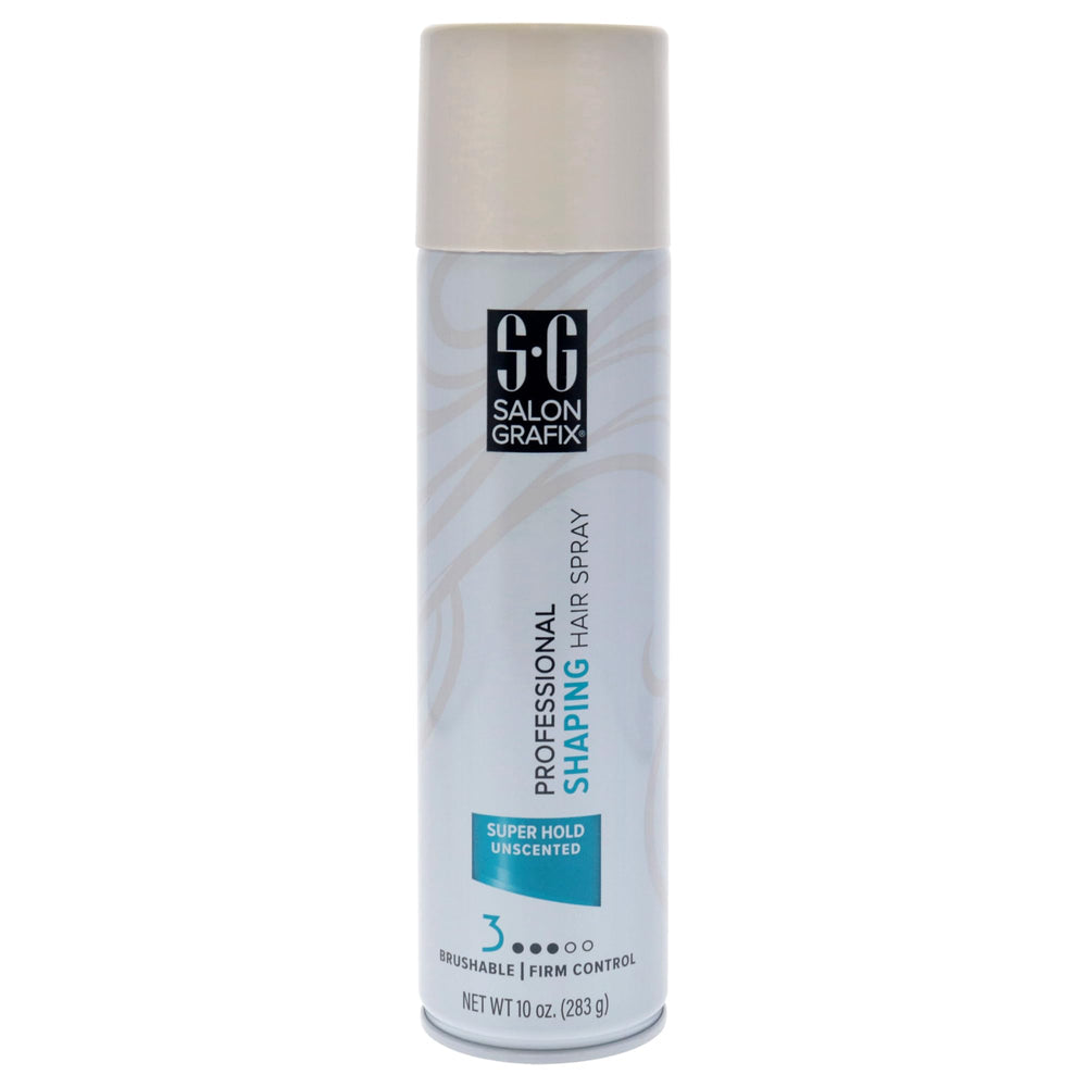 Salon Grafix Shaping Hair Spray Super Hold bottle close-up showing unscented, versatile styling