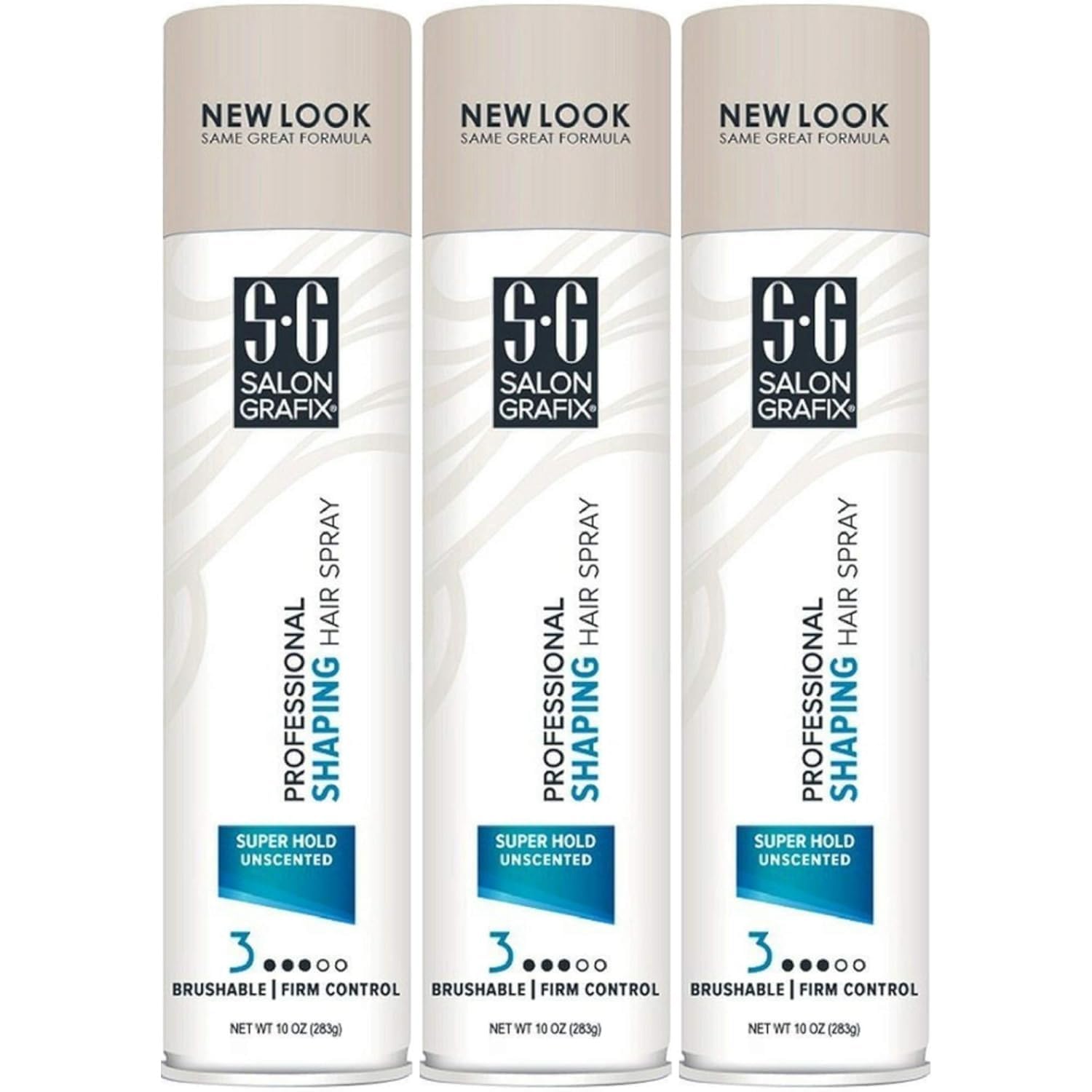 Salon Grafix Unscented Shaping Hair Spray bottle, 3-pack, showcasing all-day hold and touchable finish