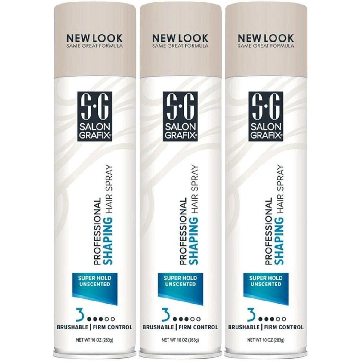 Salon Grafix Unscented Shaping Hair Spray bottle, 3-pack, showcasing all-day hold and touchable finish