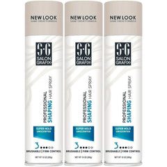Salon Grafix Unscented Shaping Hair Spray bottle, 3-pack, showcasing all-day hold and touchable finish