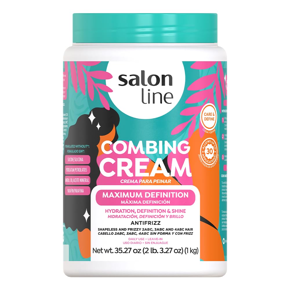 Salon Line Maximum Definition bottle closeup highlighting a creamy formula for defined, shiny curls.