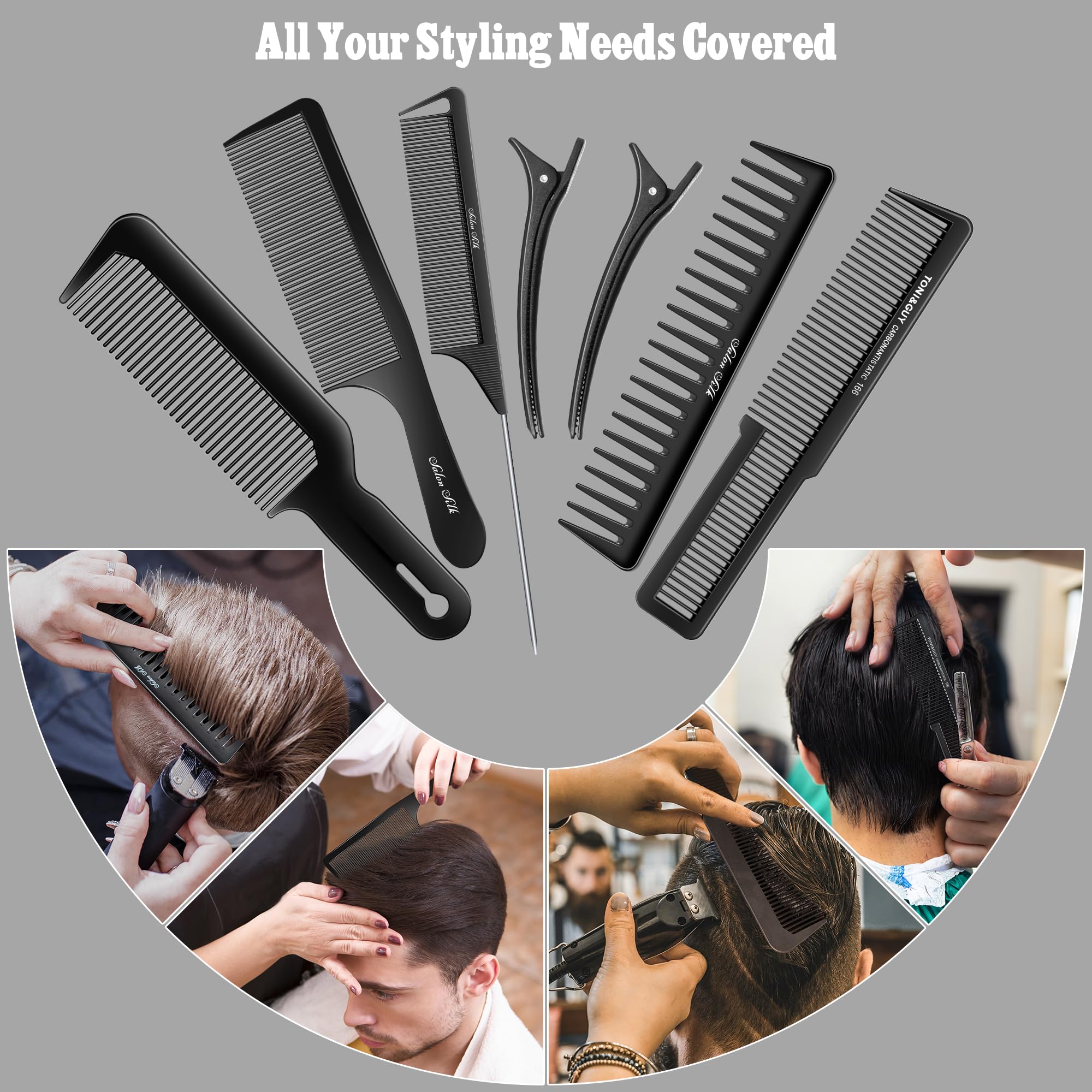 Salon Silk carbon-fiber and ABS combs emphasizing lightweight, durable barber tools.