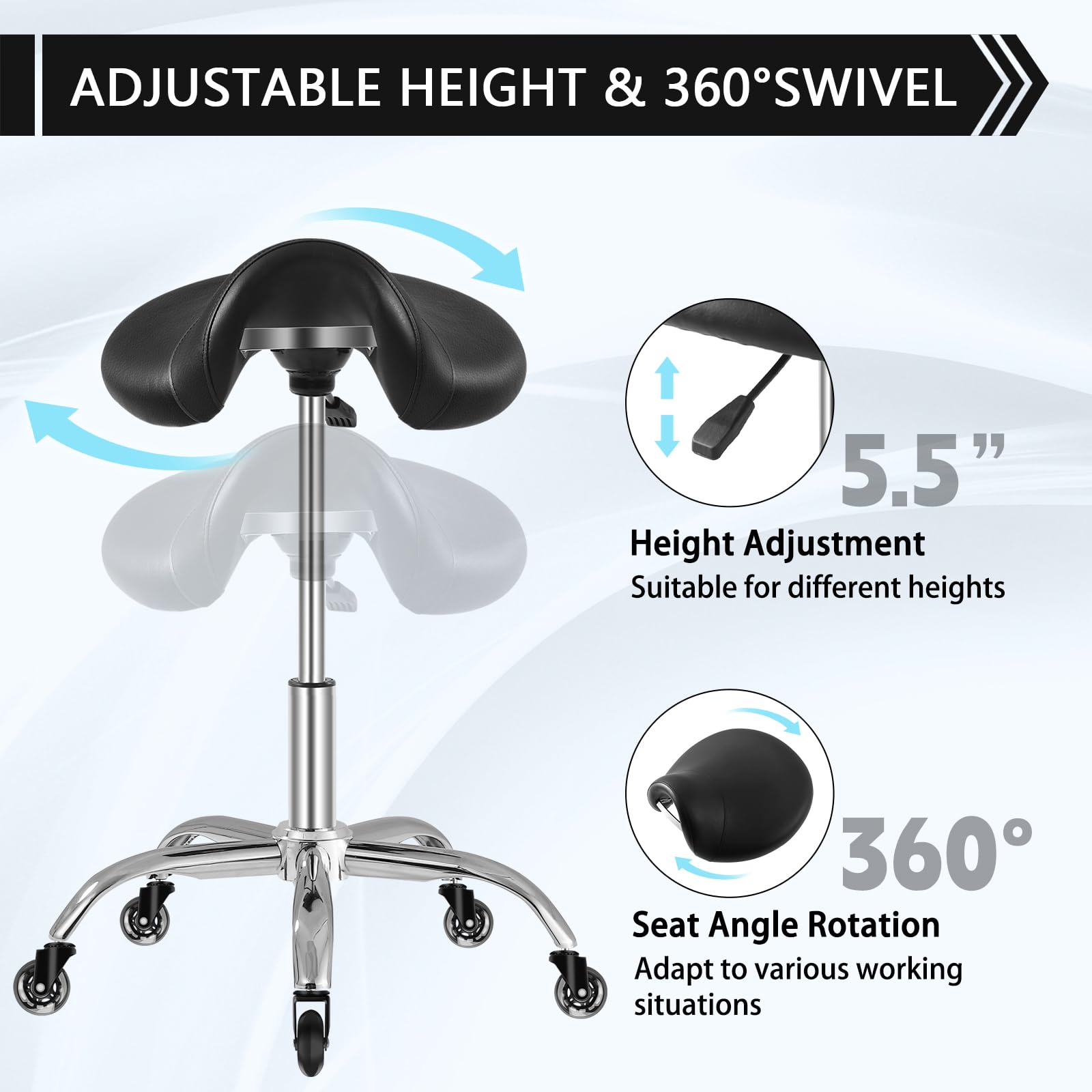 SALONFACTORY saddle stool 360 swivel enables easy workstation access
