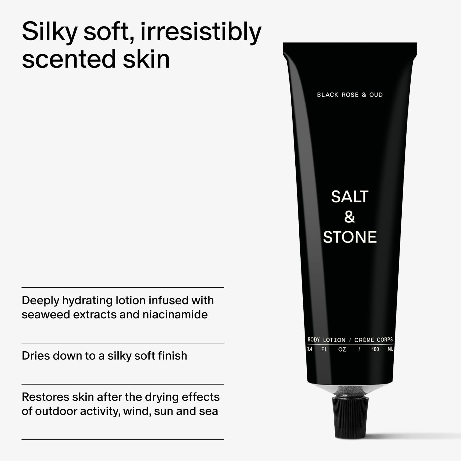 Salt and Stone Black Rose and Oud scent profile highlights floral, luxurious notes.