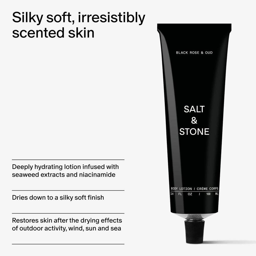 Salt and Stone Black Rose and Oud scent profile highlights floral, luxurious notes.